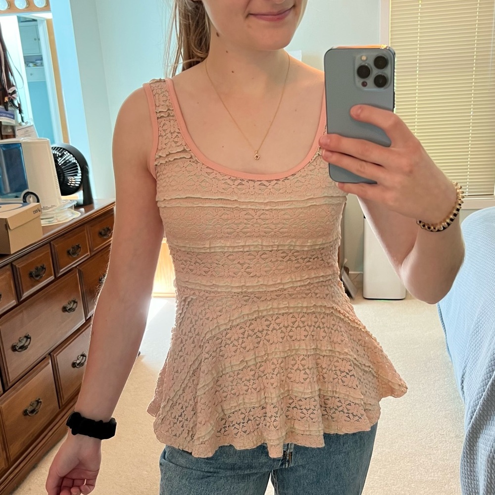 Pink floral ruffle bottom tank top